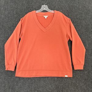 Orvis Sweatshirt Women's Large Rust Orange V Neck Fleece Dropped Shoulders Cozy